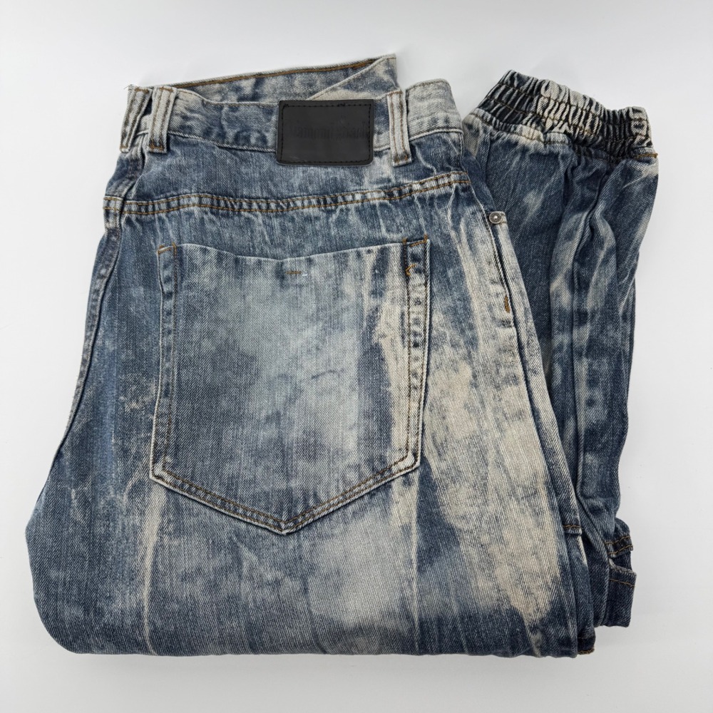Diamond Stash Mens 40 Acid Wash Moto Distressed Denim Jogger Pants Blue Street